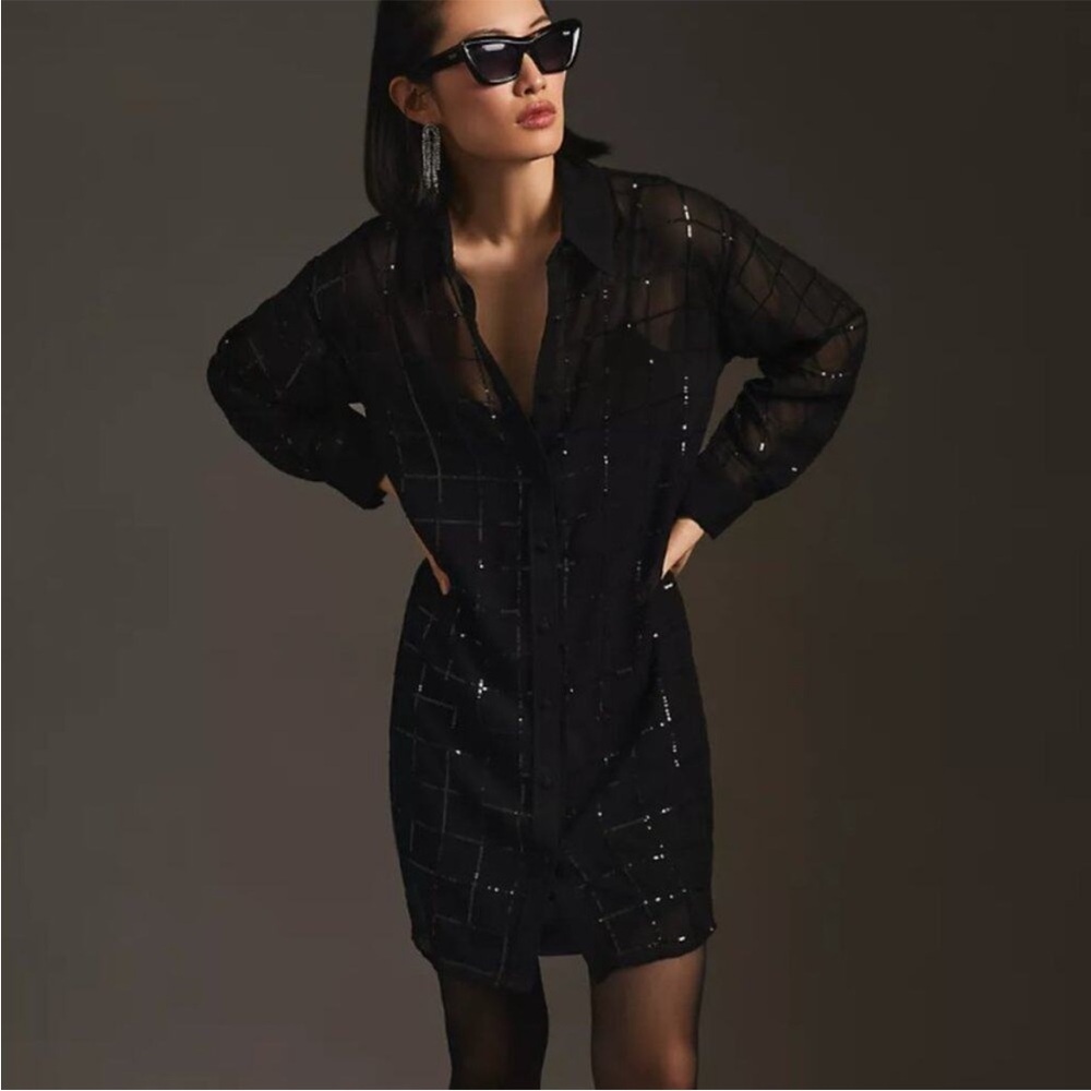 Anthropologie Rinku Dalamal Black Sequin Shirt Dress Long Sleeve Sheer Button Up - Picture 2 of 11